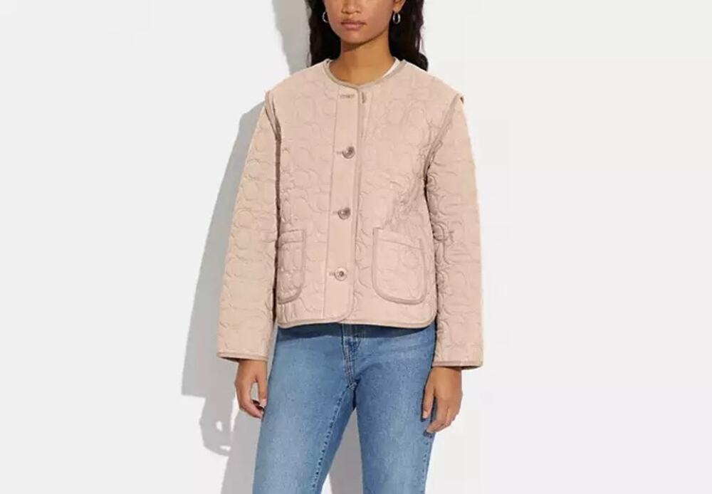 Coach Quilted Jacket Womens Sz Med Pale Pink Logo Cotton NWT Luxury Feminine